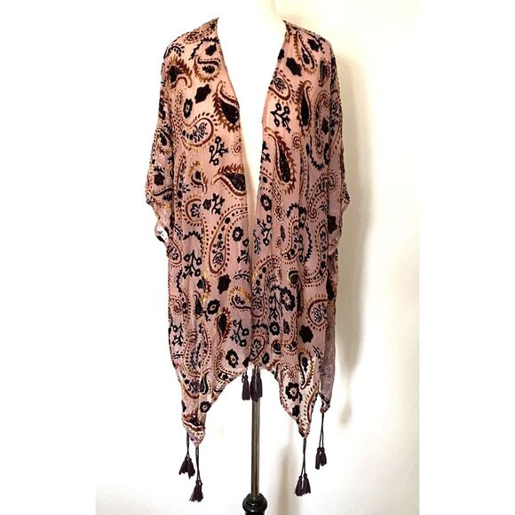 Japna Velvet Burnout Floral Paisley Cape Shawl Tassel Fringe Kimono Boho Chic M - Picture 1 of 9